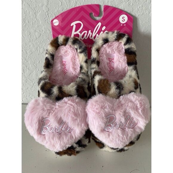 Barbie Leopard Print Pink Heart Plush Faux Fur Slippers Women’s Size Small 5-6 - Picture 2 of 16